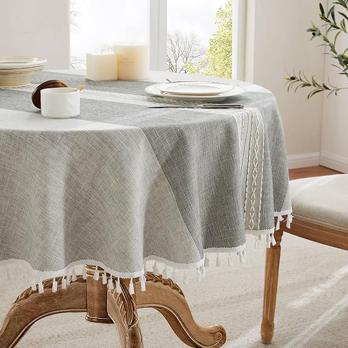 ZeeMart Contrast Linen Round Tablecloth 60 Inch Mid-Stripe Grey, Farmhouse Style Round Table Cloth Heavy Weight Grey Tablecloths, Water Resistant Burlap Table Cloths
