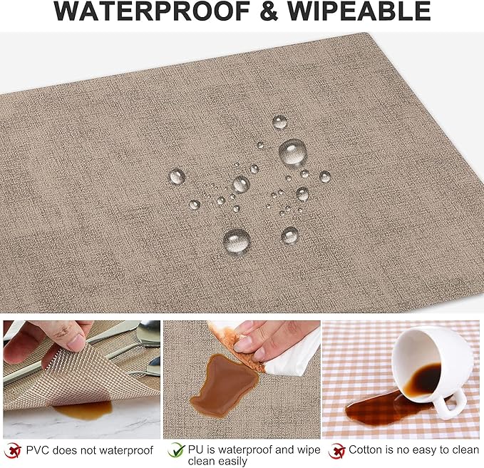 Leather Heat Resistant Placemats Set of 6 Waterproof Wipeable Washable PU Table Mats,Easy to Clean Anti-Slip Place Mats (Light Brown, 6)