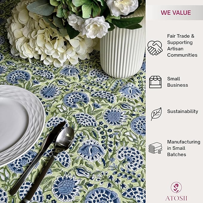 ATOSII Amara 100% Cotton Fall Tablecloth, Handblock Floral Print Rectangle Linen for Kitchen Dining I Parties Wedding Outdoors Picnics Easter I Spring Summer 72 X 120 Inches I 10 Seater Table