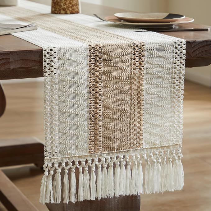 Macrame Style Bicolor Stitching Table Runner 14x108in Taupe | Woven Boho Table - Image 7