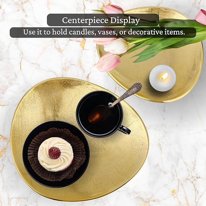 CLEENTABLE Oval Metal Serving Trays | Stylish Vanity Organizer or Catchall Valet Display | Handmade Metal Platter for Vanity Organizer Tray for Camping, BBQ, Party, Buffet, Appetizer (Gold)