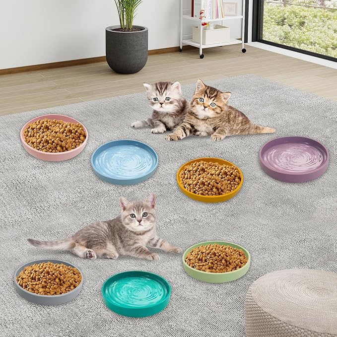 Silicone Cat Food Bowls Shallow Cat Dishes 5.9in Wide Pet Plates Set of 2 Small Flat Dog Saucer Bowl Cute Whisker Fatigue Kitten Feeding Dish for Dry & Wet Food (Round Grey)