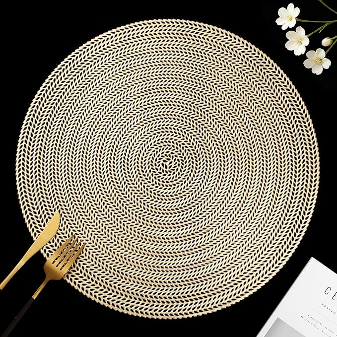 FAVE 12PCS Gold Vinyl Round Placemats, Wheat Sheaf Design 15 Inch Placemats Set of 12 Washable for Dining, Events, Banquet, Home & Daily Use (Gold Wheat,12pcs)