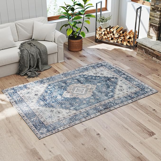 HOMCOM Washable Area Rug, 4'x6' Vintage Indoor Distressed Carpet, Retro Floor Cover Foldable, Floral Print Mat for Living Room, Bedroom, Dining Room, Blue