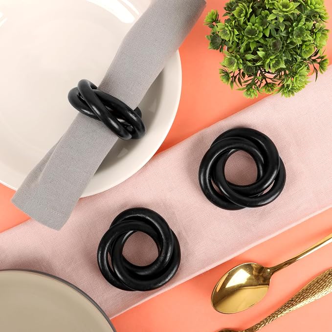 Triple-Ring Wood Napkin Rings, matte black finish, interlocked cuff style - Image 8
