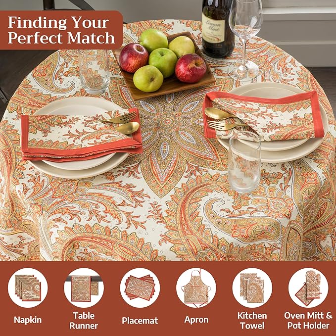 Maison d' Hermine Table Cloth Round Table 100% Cotton 69 Inches Fall Tablecloth Reusable Everyday Use for Thanksgiving Christmas Decorations Dining Farmhouse Party (Kashmir Paisley)
