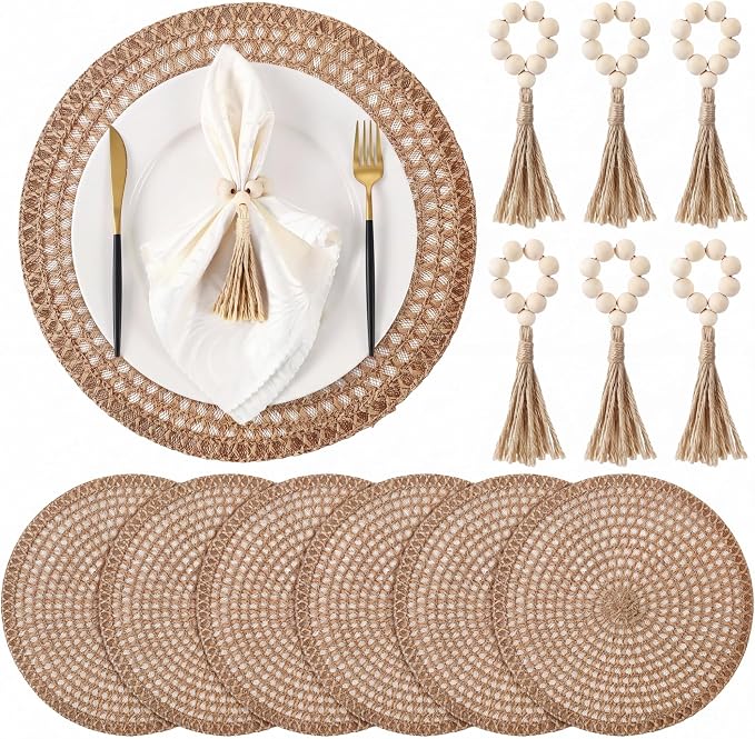 12 Pcs 15'' Burlap Boho Woven Placemat Wood Bead Napkin Rings by Gandeer