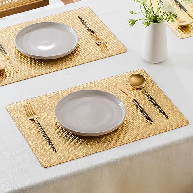 Jovono Faux Leather Placemats Set of 8, Waterproof Washable Table Mats, Easy-Clean Heat Resistant Kitchen Vinyl Place Mat for Dining Table, Wedding, Holidays, Indoor, 17.8"x11.8", Gold
