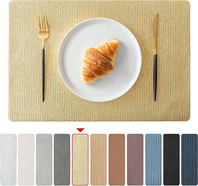 Jovono Faux Leather Placemats Set of 8, Waterproof Washable Table Mats, Easy-Clean Heat Resistant Kitchen Vinyl Place Mat for Dining Table, Wedding, Holidays, Indoor, 17.8"x11.8", Gold