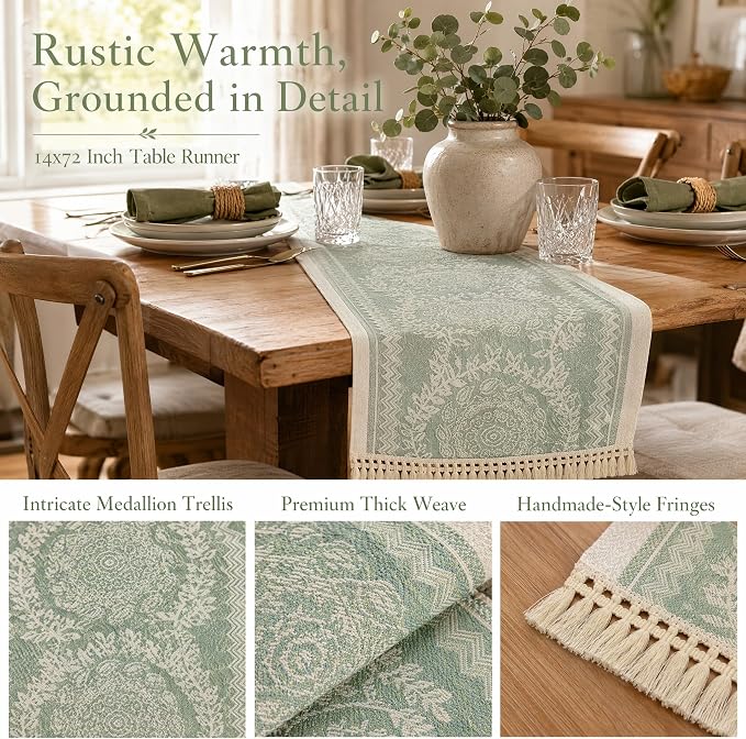 14x138 Medallion Table Runner Waterproof Rustic Farmhouse Macrame | Planning a - Image 3