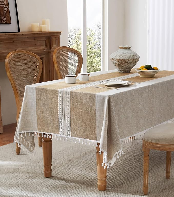 ZeeMart Contrast Linen Table Cloth Rectangle Table Cloths 60x84 Inch Mid-Stripe Brown, Farmhouse Style Heavy Weight Beige Tablecloth, Water Resistant Burlap Tablecloths