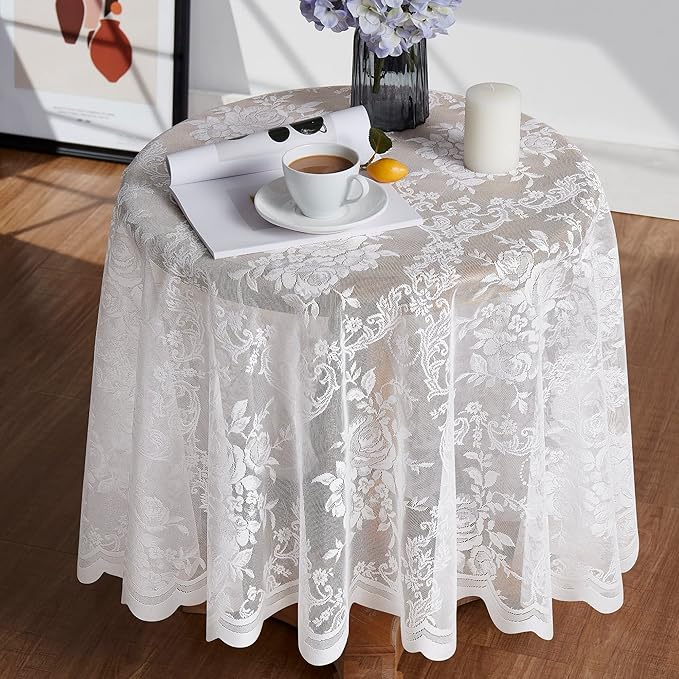 Warm Home Designs 70 Inch Round Tablecloth with English Rose Design. Use as Circle Tablecloth, Rustic Tablecloth or as Elegant Lace Table Cloth. Ivory Table Clothes for 4-6 Guests. LTC Ivory 70"