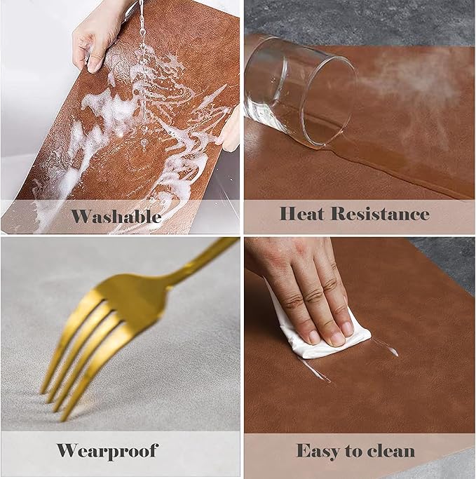 Cowhide Pattern PU Leather Placemats Set of 6 Heat Resistant Kitchen Table Mats, Non-Slip Dining Table Decorations, Double-Sides Waterproof Wipeable Place mats(Green)