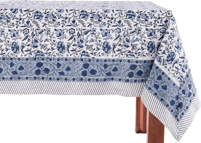 ATOSII Jodhpur Blue 100% Cotton Rectangle Tablecloth, Handblock Floral Linen Table Cloth for Kitchen Dining Table I Parties Wedding Outdoors I Home Decor 60 X 108 Inches