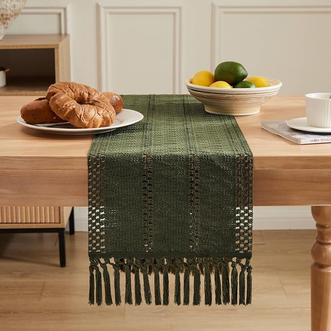 Macrame Style Boho Table Runner, 12x72 Inch Olive | Woven Boho Table Runner - Image 2