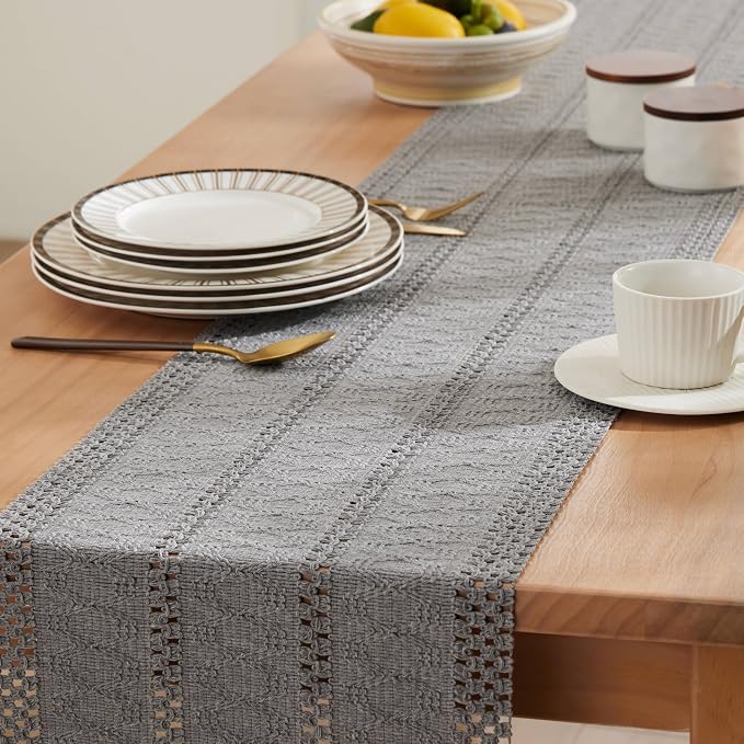 Macrame Style Boho Table Runner, 12x72 Inch Grey | Woven Boho Table Runner - Image 5