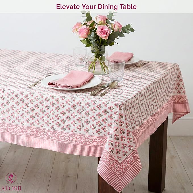 ATOSII Gulbahar White Pink 100% Cotton Fall Rectangle Tablecloth, Hand Block Print Washable Table Cover, Christmas Parties Buffet Dining, Weddings, Thanksgiving, Easter Decor 72 X 140 Inches 12 Seater