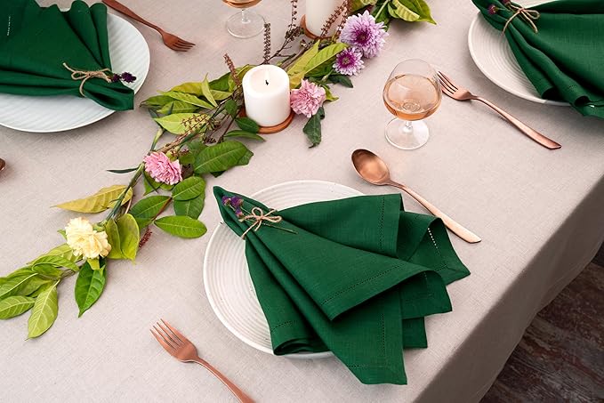 D'Moksha Homes Forest Green Linen Napkins Set of 4 - Classic Hemstitch 100% Pure Linen Hemstitch Dinner Napkins 20 x 20 Inch for St Patricks Day, Easter - Handcrafted and Machine Washable