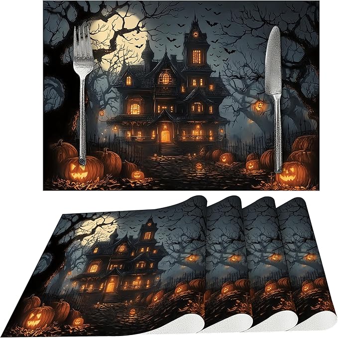Halloween Horror Castle Placemats Set of 4 Washable Table Place Mats for Dining Kitchen Party Decor