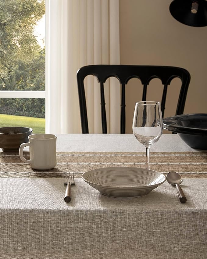 ZeeMart Contrast Linen Table Cloth Rectangle Table Cloths 54x108 Inch Brown, Farmhouse Style Heavy Weight Beige Tablecloth, Water Resistant Burlap Tablecloth