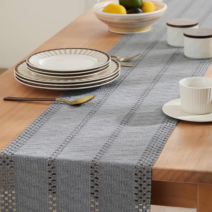 Macrame Style Boho Table Runner, 12x108 Inch Light Blue Grey | Woven Boho Table - Image 5