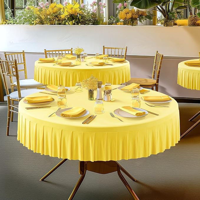 2 Pack Yellow Spandex Round Tablecloths for 60 inch Table, Stretchy Fitted 5FT Round Table Cloths with Wrinkle Free Skirt for Wedding Party Dining Banquet