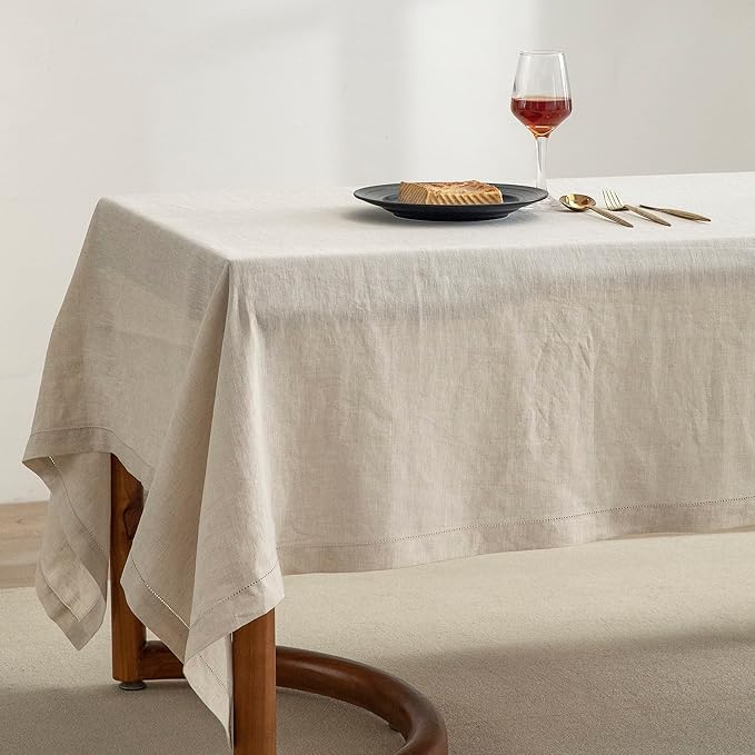 EVERLY Pure Linen Hemstitch Tablecloth,100% Stonewashed French Linen tablecloths for Kitchen Dining Rectangle Tables,60x108Inch Machine Washable Christmas Thanksgiving Organic Tablecloth-Natural Linen