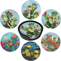 Cactus Coasters Leather Round Drink Coasters 6 Pcs Set with Holderor for Cup Drink Coffee Table Bar Home Decor