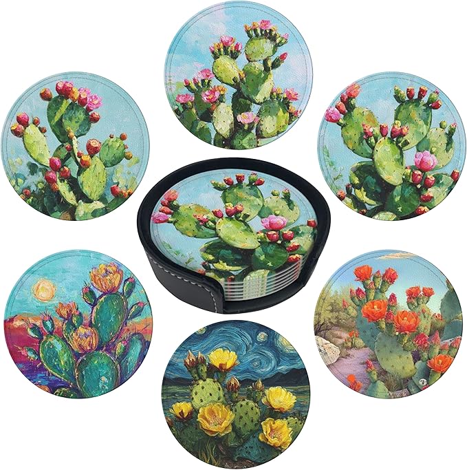 Cactus Coasters Leather Round Drink Coasters 6 Pcs Set with Holderor for Cup Drink Coffee Table Bar Home Decor