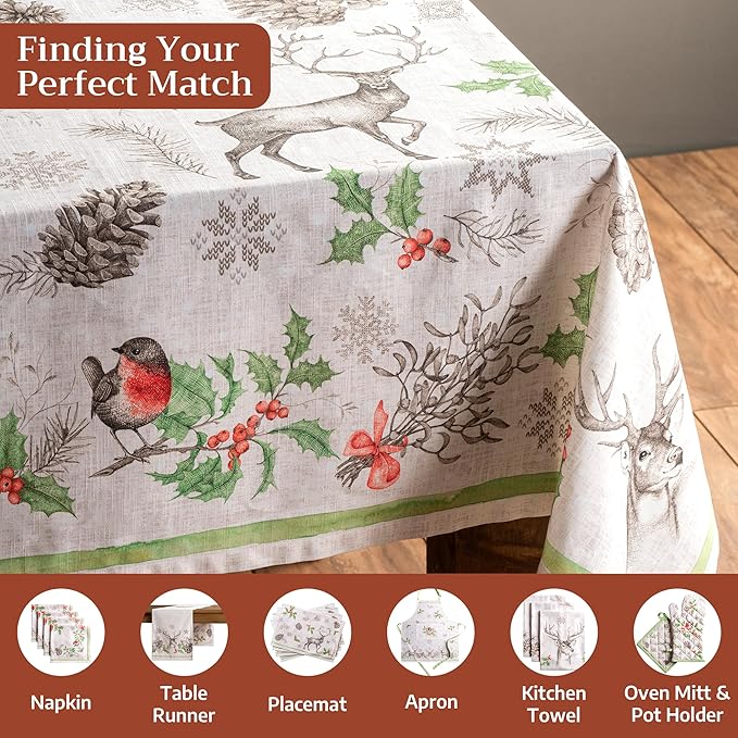 Maison d' Hermine Table Cloth Rectangle Table 100% Cotton 54 x 72 Inches Fall Tablecloth Reusable Everyday Use for Thanksgiving Christmas Decorations Dining Farmhouse Party (Christmas Dew)