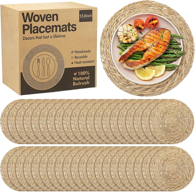 Elcoho 40 Pieces Round Woven Placemats 13.8 Inch Boho Rattan Placemats Farmhouse Braided Place Mats Woven Plate Chargers Rustic Wicker Table Mats for Dining Table