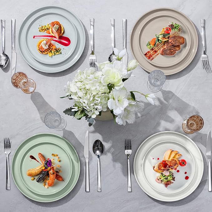 LIANYU Dinner Plates Set of 4, 10.5’’ Large and Round Stoneware Plates, Ceramic Dishes Set for Kitchen Serving Salad, Dessert, Steak, Oven, Microwave & Dishwasher Safe, Scratch Resistant, Fog Green