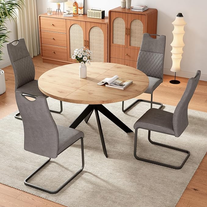 46.4" Round Dining Table and Chair Set, Mid Century Modern Round Dining Table for Set of 4, Coffee Table w/Steel Legs for Kitchen Dining Room, Office, Save Space