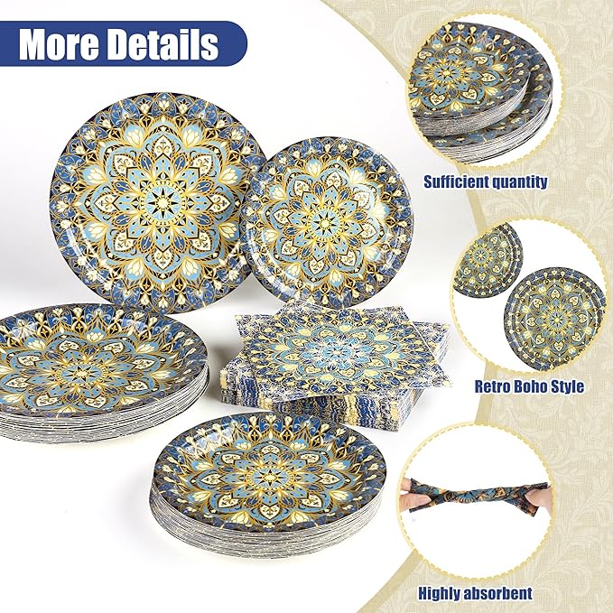 Kochorie 100 Pieces Bohemian Style Paper Plates and Napkins Set Vintage Bohemian Decorative Paper Plates (25 x 7 Inch & 25 x 9 Inch) Boho Tableware Set for Daily Use Party Kitchen Wedding Decor