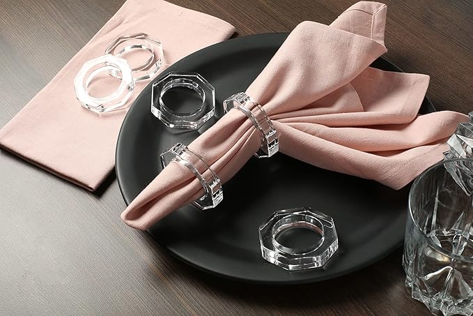 CLEENTABLE Acrylic Napkin Rings Set of 8 - Octagon Transparent Design for Christmas, Thanksgiving, Holiday Table Decor - Durable Crystal Napkin Holders for Dinner Parties & Everyday Use (Opaque)