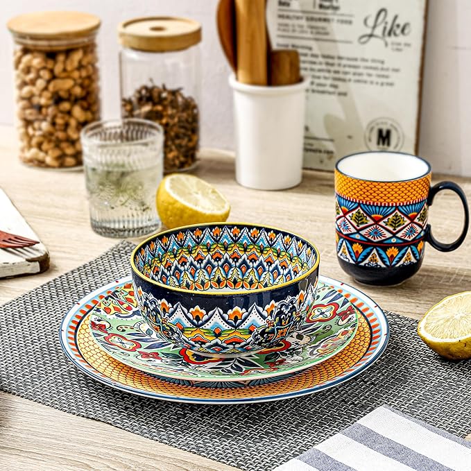 HENXFEN LEAD Boho Cereal Bowls Set of 6, 28 oz Ceramic Soup Bowls – Colorful Bowls for Salad, Oatmeal, Ramen, Rice and Pasta, Microwave & Dishwasher Safe