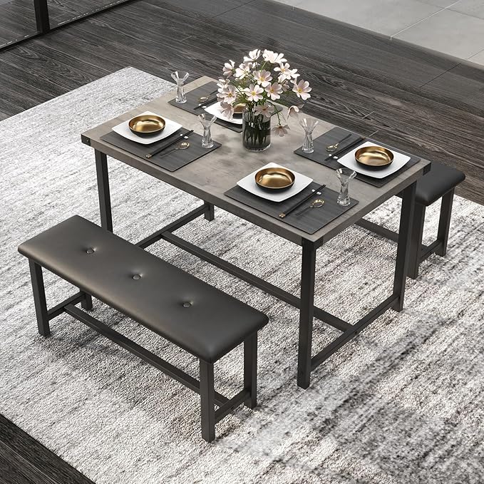 Garvee Dining Table with 2 Benches, Kitchen Table with 2 Upholstered Benches, 3 Piece Dining Table Set Space Saving for Apartment, Kitchen, 44.48" l x 27.58" w x 29.58" h, Grey