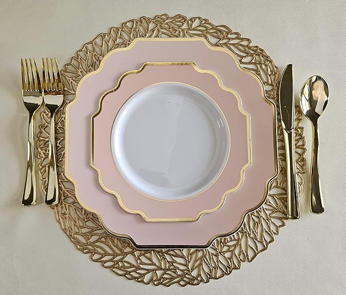 " OCCASIONS " 120 Plates Pack,(60 Guests) Heavyweight Premium Wedding Party Disposable Plastic Plates Set -60 x 10.5'' Dinner + 60 x 8'' Salad/Dessert(Imperial in Blush & Gold)