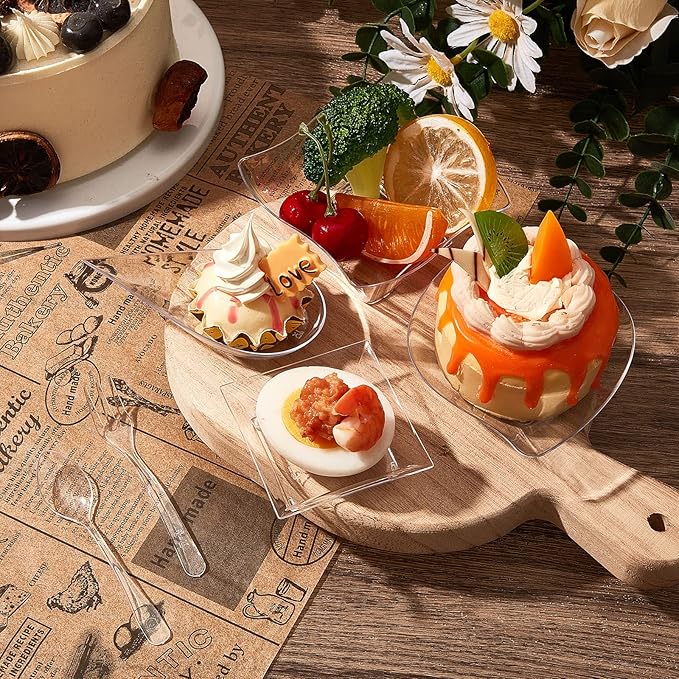 Tessco 800 Pcs Mini Appetizer Plates Set Including 400 Disposable Dessert Plates Assorted Shape 200 Mini Plastic Forks 200 Plastic Spoons for Party(Clear,Classic)