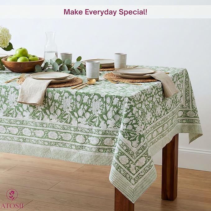ATOSII Meraki Green 100% Cotton Rectangle Tablecloth, Hand Block Print Washable Table Cover, Dining, Christmas Parties, Outdoors, Weddings, Thanksgiving, Halloween Fall Decor 60 X 108 Inches, 8 Seater