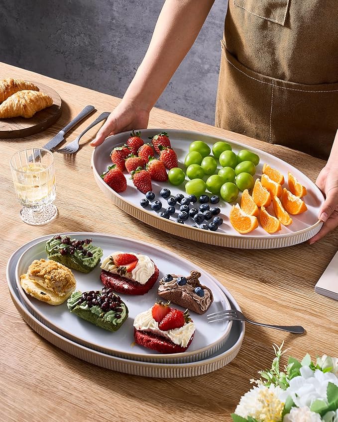 famiware Serving Platter, 16/14.6/12.9 Inch Serving Dishes for Entertaining, Party Serving Trays for Food, Buffet Oval Platters for Food, Large Plates for Turkey Cheese Appetizer, Cappuccino White