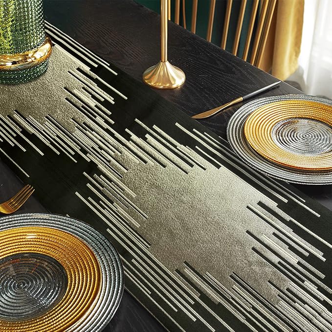 Luxury Black and Gold Table Runner 120 Inches Long, Modern Abstract Striped | - Image 5