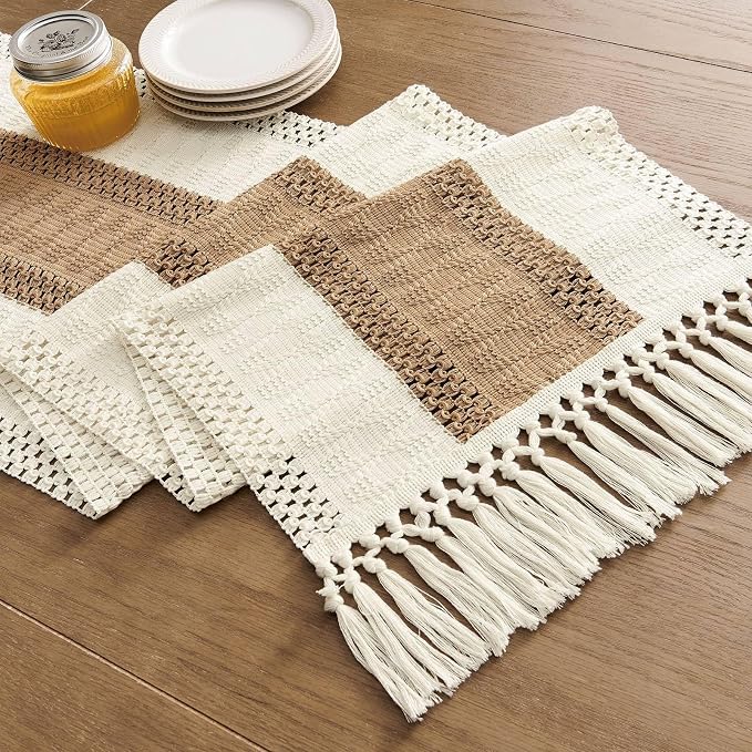 Macrame Style Bicolor Stitching Table Runner 14x108in Brown | Woven Boho Table - Image 7