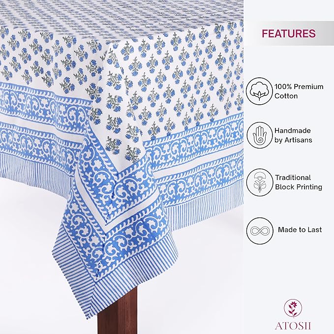 ATOSII Gulbahar Blue 100% Cotton Fall Rectangle Tablecloth, Handblock Print Floral Table Cloth for Kitchen Dining Linen I Thanksgiving Christmas Weddings Outdoors I 72 X 120 Inches I 10 Seater