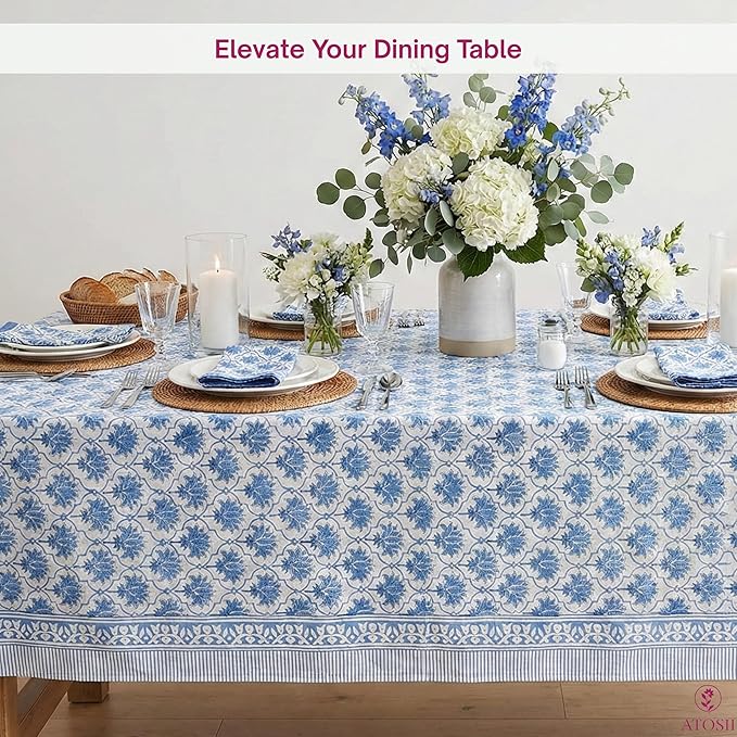 ATOSII Padma Blue 100% Cotton Square Summer Tablecloth, Indian Block Print Floral Table Cloth I Dining Parties Weddings Outdoors Holidays 60 X 60 Inches, 4 Seater I Grandmillennial Farmhouse Boho