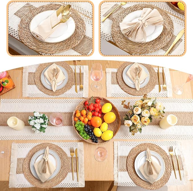 4 Sets Boho Decoration Placemats Round Woven Placemats, Cloth Napkins, Wood - Image 5