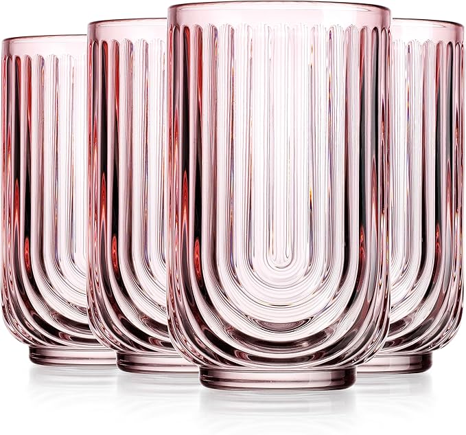 Glaver's Vintage Glassware Art Deco Glasse Ribbed Drinking Glasses U-Shape Arch Design Colored Cocktail Kitchen Tumblers Everyday Dinner Decorative Party (Pink S/4 17oz)