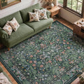 Green Floral 8x10 Area Rugs for Living Room Large Washable Rug Vintage Forest Low Pile Non Slip Stain Resistance Soft Carpet for Dining Room, Bedroom, Office Rug, Kids Room, Nursery Room, Playroom