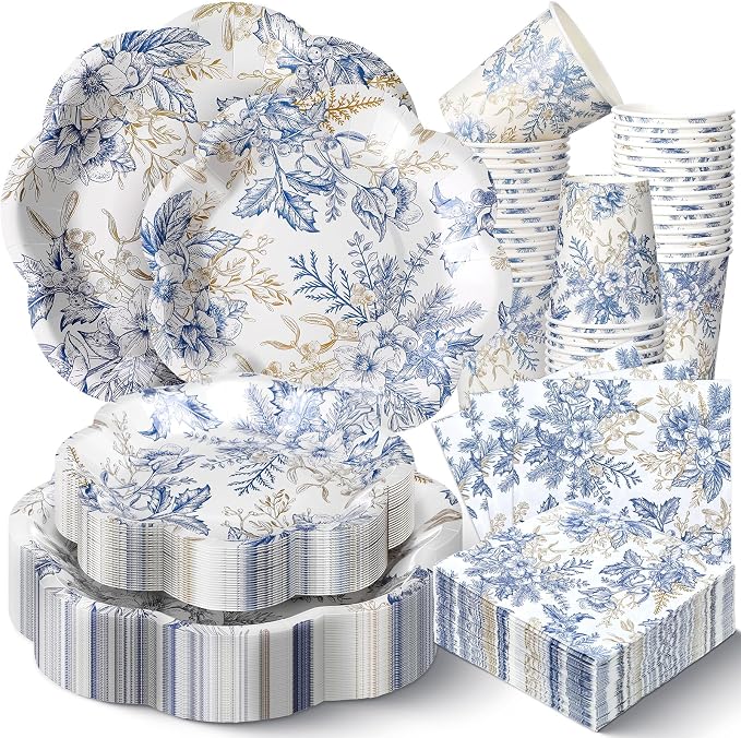250 Pcs Blue Gold Floral Disposable Paper Plate Napkins | Bridal Shower Wedding by Newtay