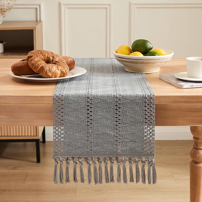Macrame Style Boho Table Runner, 12x90 Inch Grey | Woven Boho Table Runner - Image 2